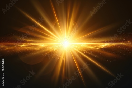 Vector golden sun light effect. Glowing sunrays on black background. Stock royalty free vector