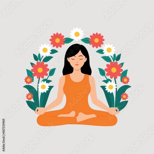 Woman meditating in the lotus position with floral background. 2D flat color illustration.