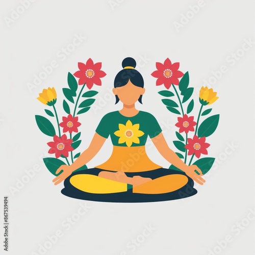 Woman exercising yoga in the lotus position with floral background. 2D flat color illustration.