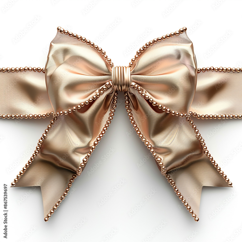 Decorative rose gold bow with long ribbon isolated on white background, generative Ai Decorative rose gold bow with long ribbon isolated on white background, generative Ai