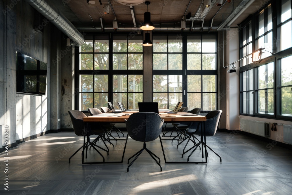 Modern Conference Room with Large Windows and Black Chairs Modern Conference Room with Large Windows and Black Chairs