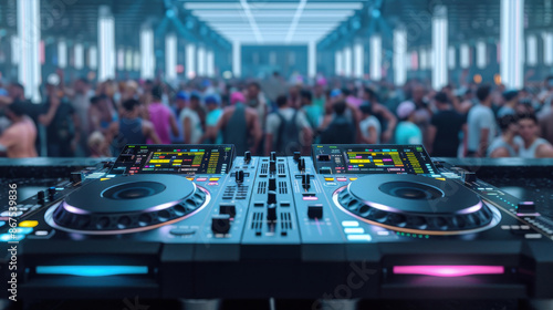 A DJ set up with two turntables and a crowd of people