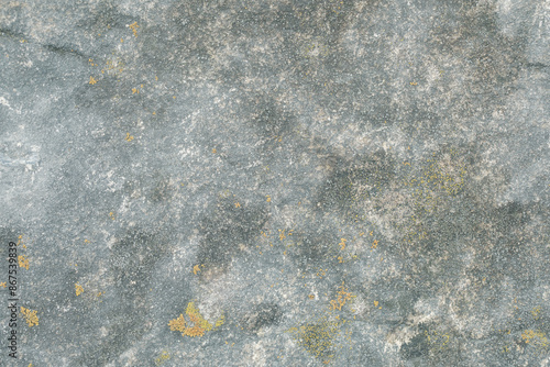 Rough surface of a gray stone with rosettes of lichen, natural rock background. photo