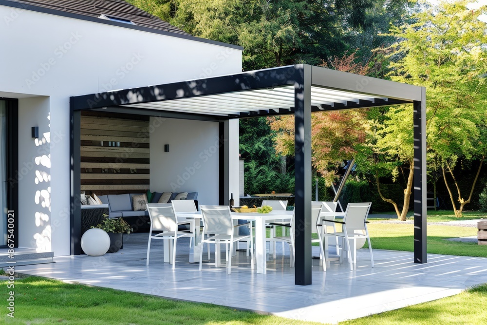 Modern Outdoor Patio with White Furniture and Pergola Modern Outdoor Patio with White Furniture and Pergola