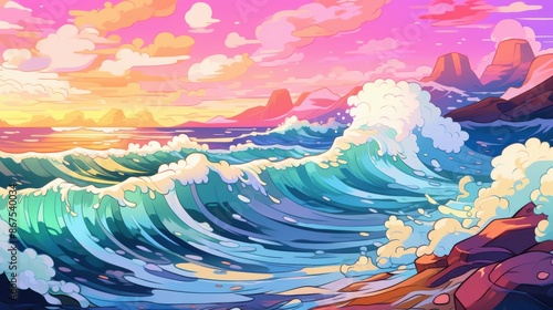 Vibrant Anime Ocean Waves Crashing on Shore at Sunset