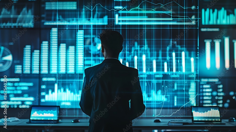 Office scene showing a businessman in front of a virtual screen, displaying a cost reduction graph with downward trend, bright and clear image, representing business finance concept Office scene showing a businessman in front of a virtual screen, displaying a cost reduction graph with downward trend, bright and clear image, representing business finance concept