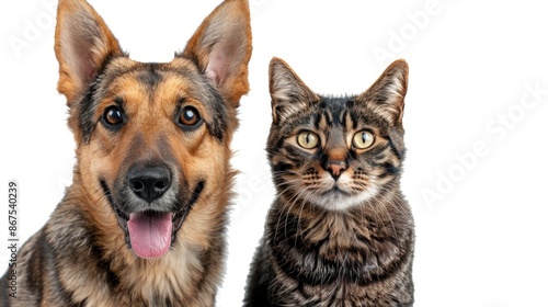 Portrait of Happy dog and cat that looking at the camera together isolated on transparent background, friendship between dog and cat, amazing friendliness of the pets. 