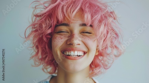 Happy Pink-Haired Woman with Freckles and a Smile