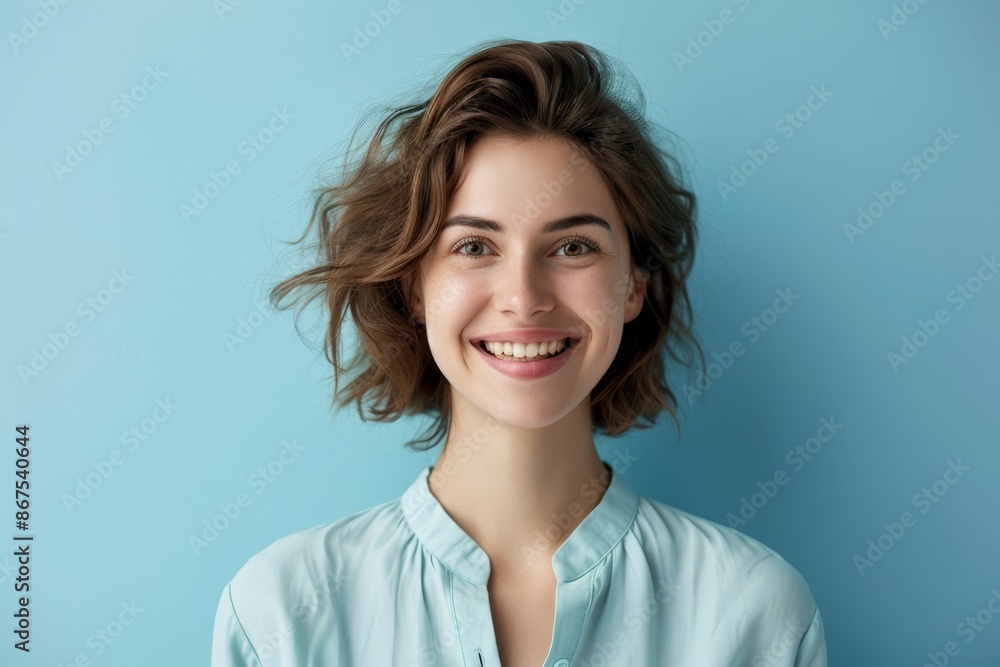 Smiling Woman with Short Hair against a Light Blue Background Smiling Woman with Short Hair against a Light Blue Background