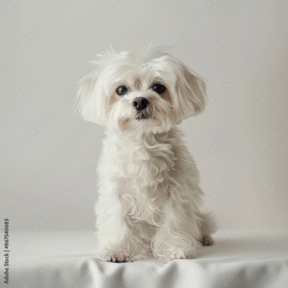 Cute White Poodle Puppy Sitting on a White Surface Cute White Poodle Puppy Sitting on a White Surface