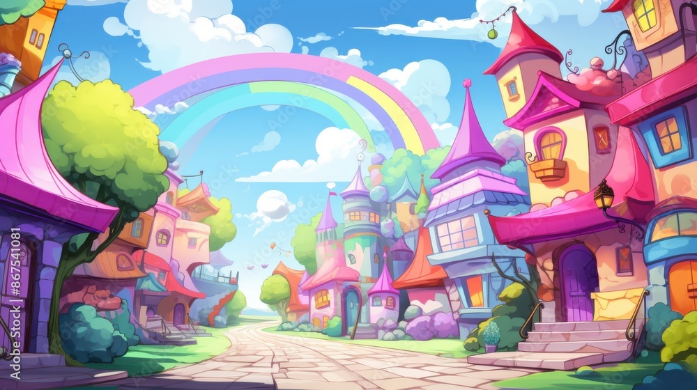 Obraz premium Whimsical cartoon village with a rainbow. Illustration for children's books, fantasy games, animation, or magical backgrounds