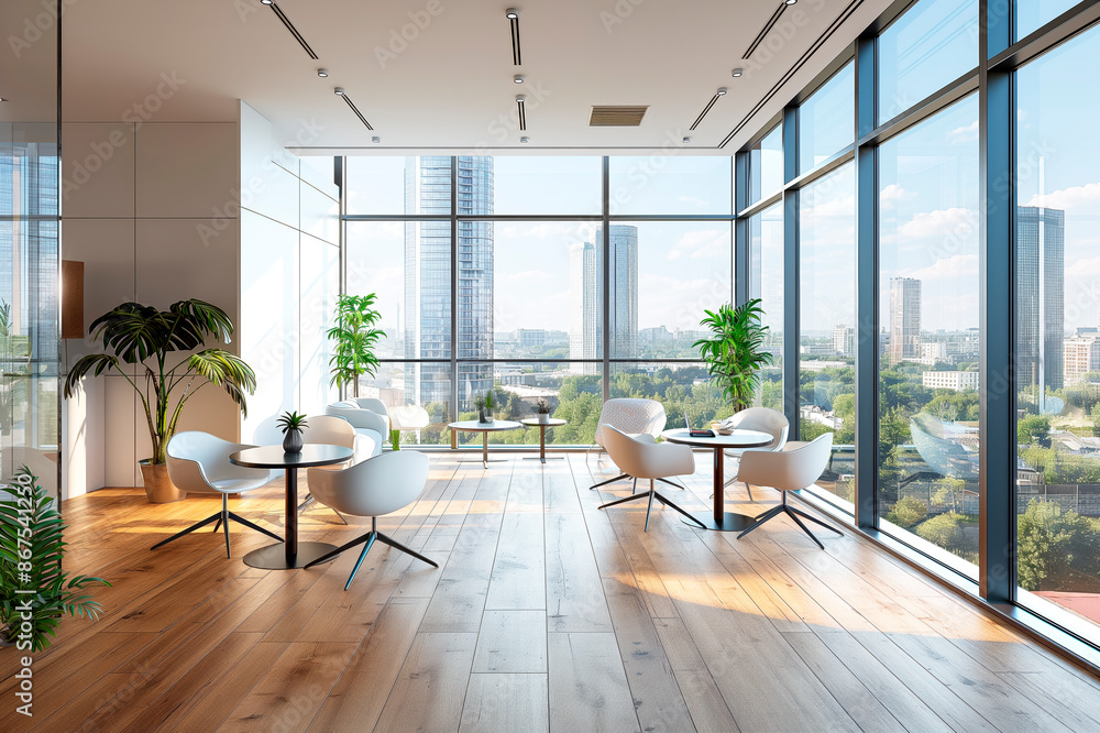 Modern office interior with chairs, tables, and large windows overlooking the city, on a bright sunny day. Generative AI Modern office interior with chairs, tables, and large windows overlooking the city, on a bright sunny day. Generative AI