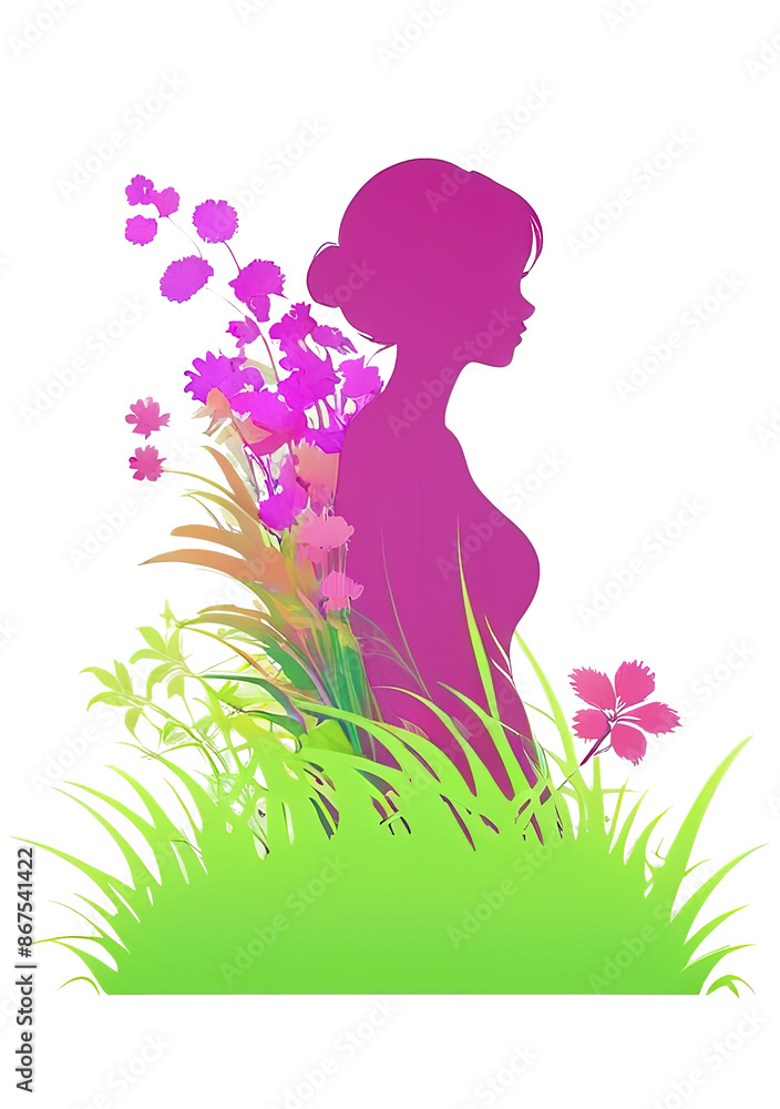 Silhouette of a pink young woman decorated with flowers Vector illustration. Isolated transparent background. Silhouette of a pink young woman decorated with flowers Vector illustration. Isolated transparent background.