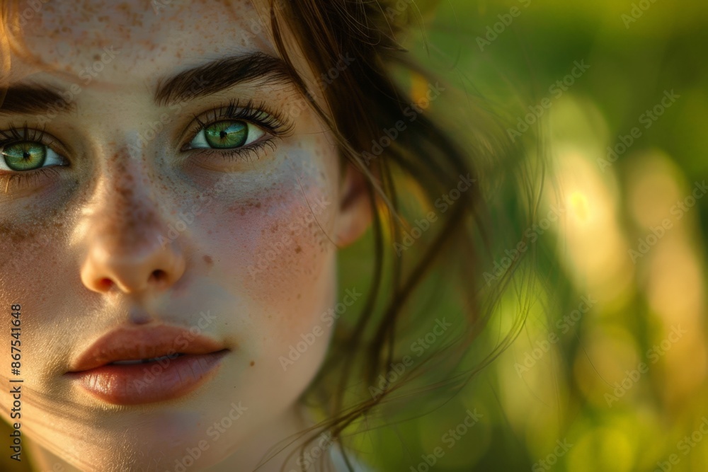 Girl with Freckles and Green Eyes, Close-up Portrait with Blurred Background Girl with Freckles and Green Eyes, Close-up Portrait with Blurred Background