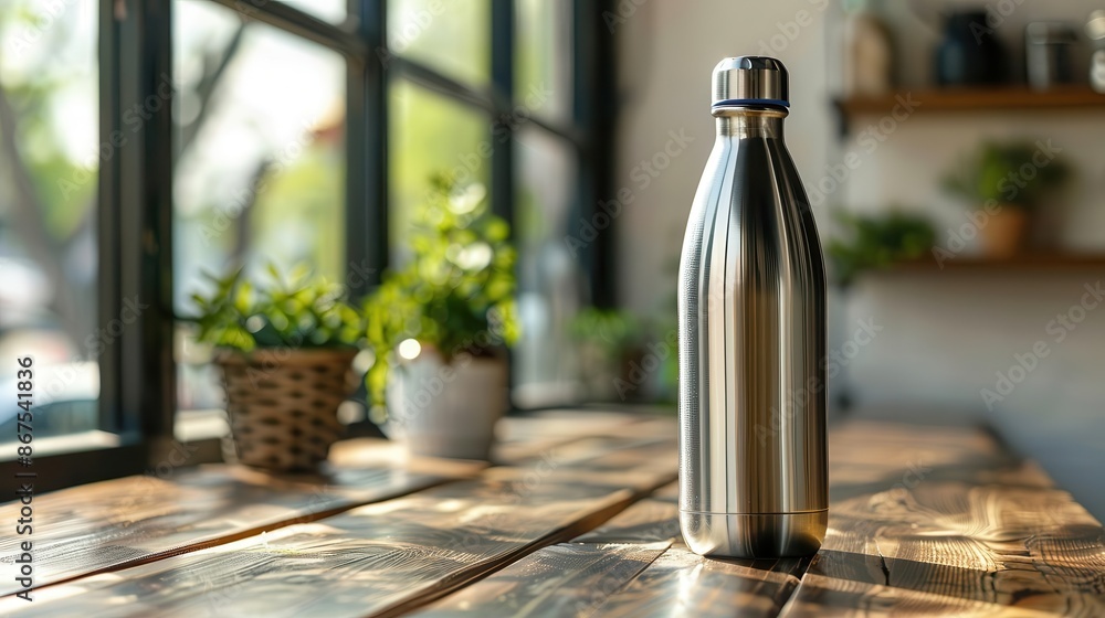 Reusable water bottle made of stainless steel, placed on a wooden table Reusable water bottle made of stainless steel, placed on a wooden table