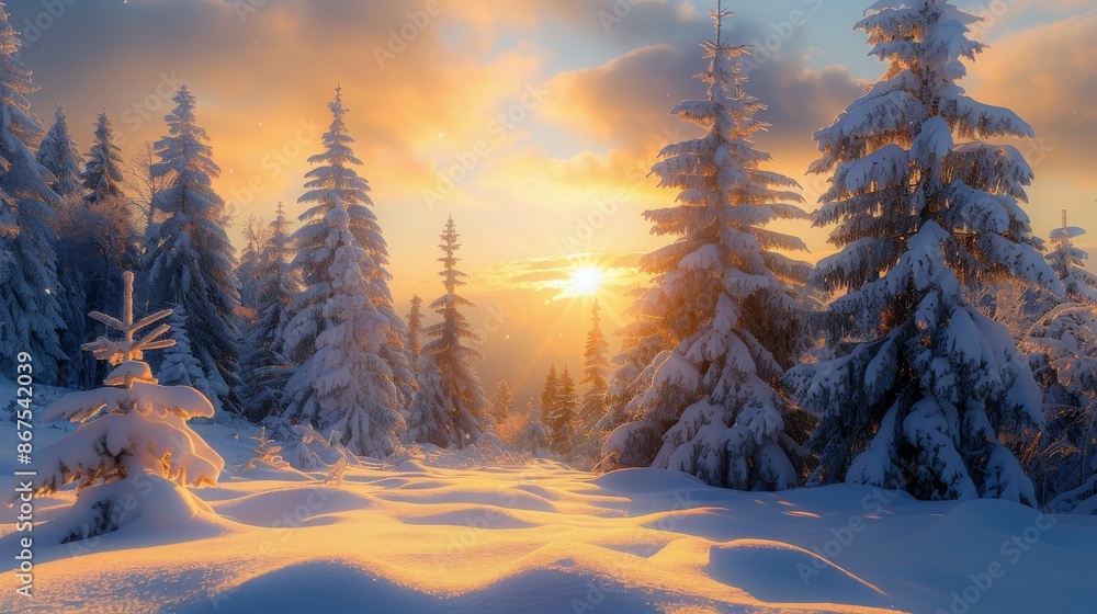 Snowy Forest Landscape With Sunrise and Pine Trees Snowy Forest Landscape With Sunrise and Pine Trees
