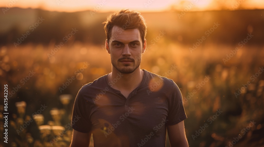 Obraz premium Contemplative Man in Field at Sunset