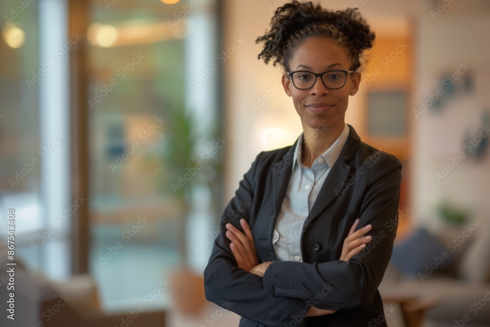 Professional Woman in Business Attire, Smiling and Posing in Office Environment Professional Woman in Business Attire, Smiling and Posing in Office Environment