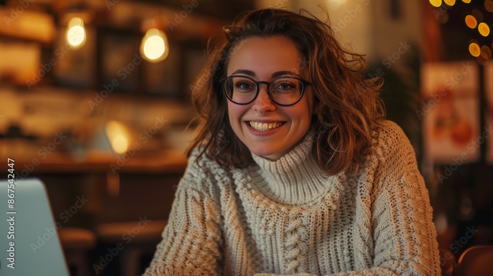 Smiling Woman in Glasses, Sitting at a Table with a Laptop in a Cozy Cafe Smiling Woman in Glasses, Sitting at a Table with a Laptop in a Cozy Cafe
