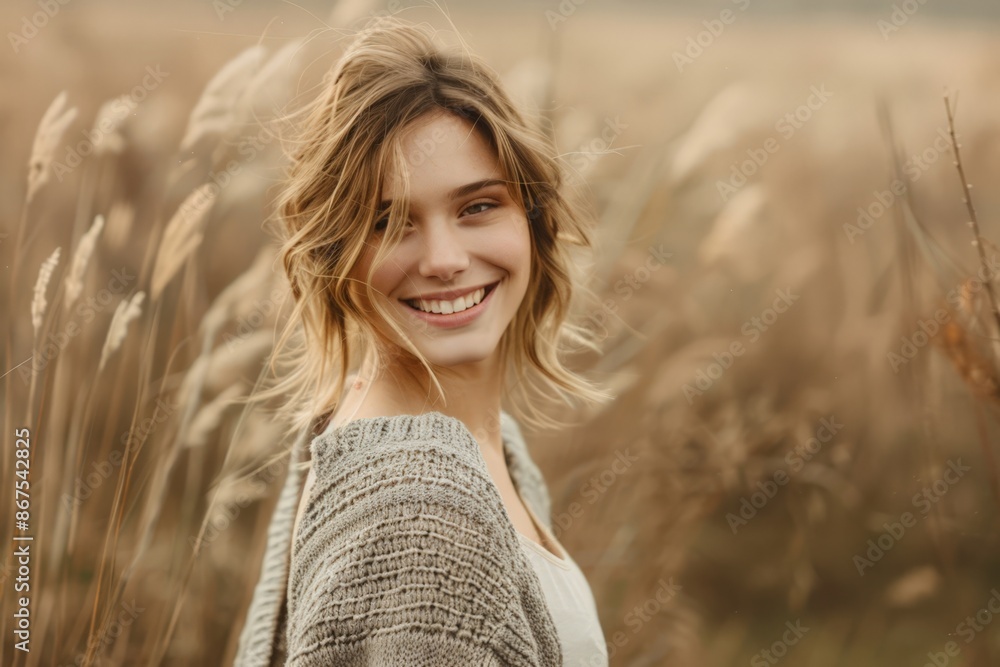 Smiling Woman in Field of Tall Grass Smiling Woman in Field of Tall Grass