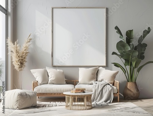 A soothing boho-style living room setup with a plain mockup frame, suitable as a background for an abstract-themed wallpaper or best-seller visuals photo