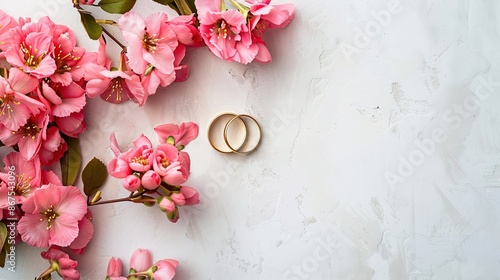 Pink flowers and two golden wedding rings on white background © Boraryn