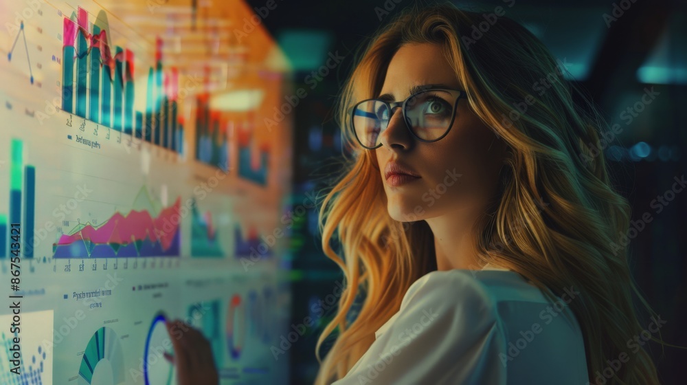 Businesswoman Analyzing Data on Large Screen Businesswoman Analyzing Data on Large Screen