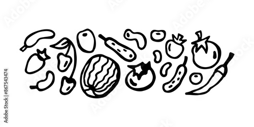 banner of various vegetables and fruits, sketch isolated on white