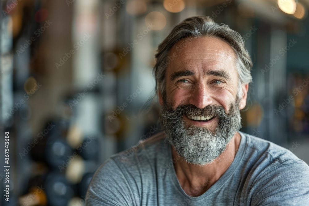 Happy Bearded Man with Smiling Eyes, Sitting in a Gym Happy Bearded Man with Smiling Eyes, Sitting in a Gym