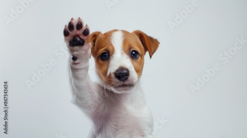 Cute Jack Russell Terrier puppy with raised paw on white background Motion beauty vet breed concept Ad space included