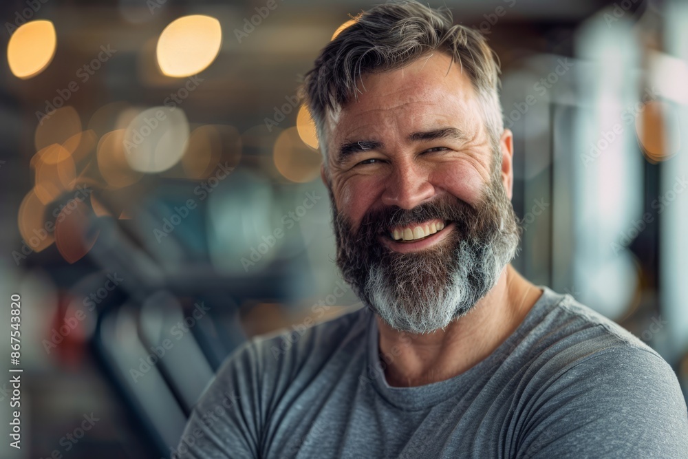 Happy Bearded Man in Casual T-Shirt, Smiling at Camera in Blurred Background. Happy Bearded Man in Casual T-Shirt, Smiling at Camera in Blurred Background.