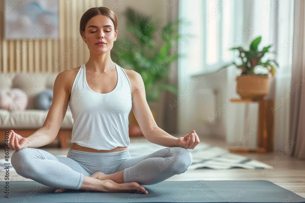 Fototapeta premium Serene Meditation: Woman in White Tank Top, Sitting Cross-Legged on Yoga Mat, Eyes Closed, Hands Together in Prayer Position