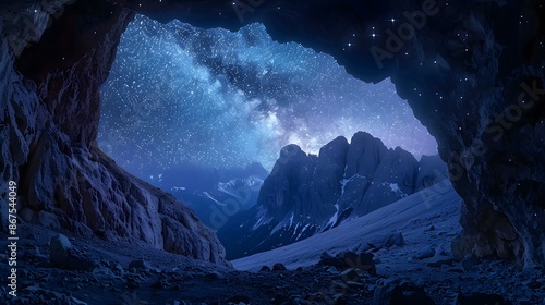 Amazing view from cave of rocks in mountains under night sky with glowing stars photo