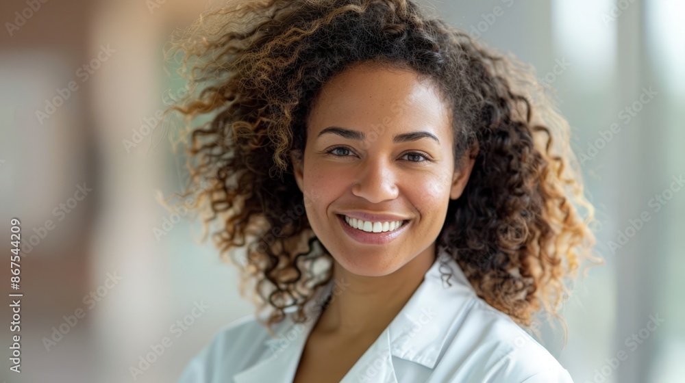 Smiling Female Doctor with Curly Hair