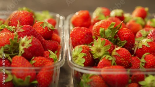 Background video of prepackaged strawberries lying in plastic boxes ready for sale. Juicy organic seasonal berry. High quality 4k footage photo