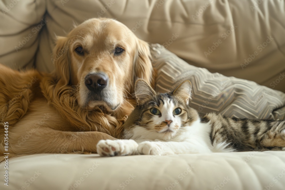 Obraz premium Golden Retriever and Tabby Cat Resting on Couch