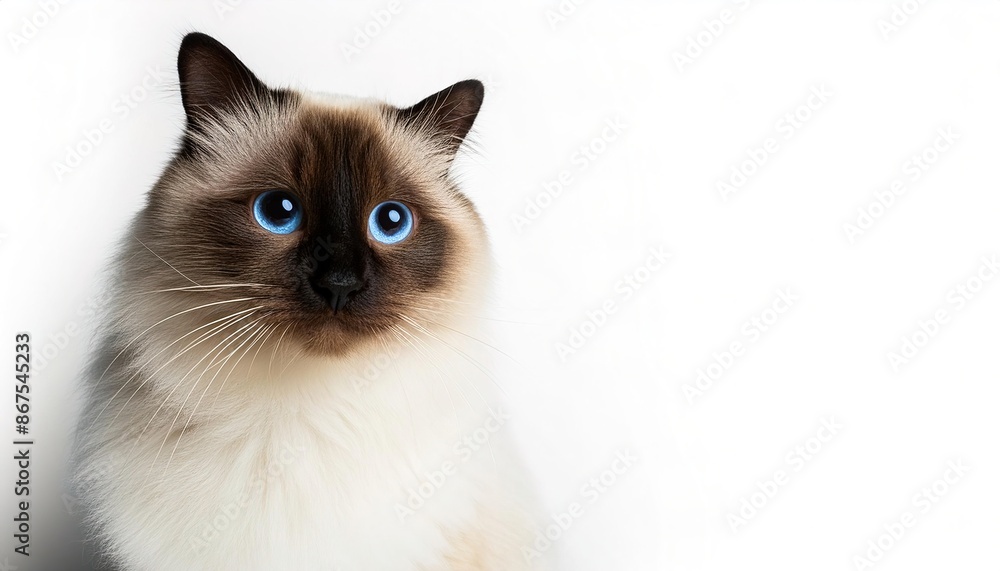 Birman aka Sacred Cat of Burma, is a long haired, color pointed cat distinguished by a silky coat, deep blue eyes, and contrasting white gloves on each paw. isolated on white background