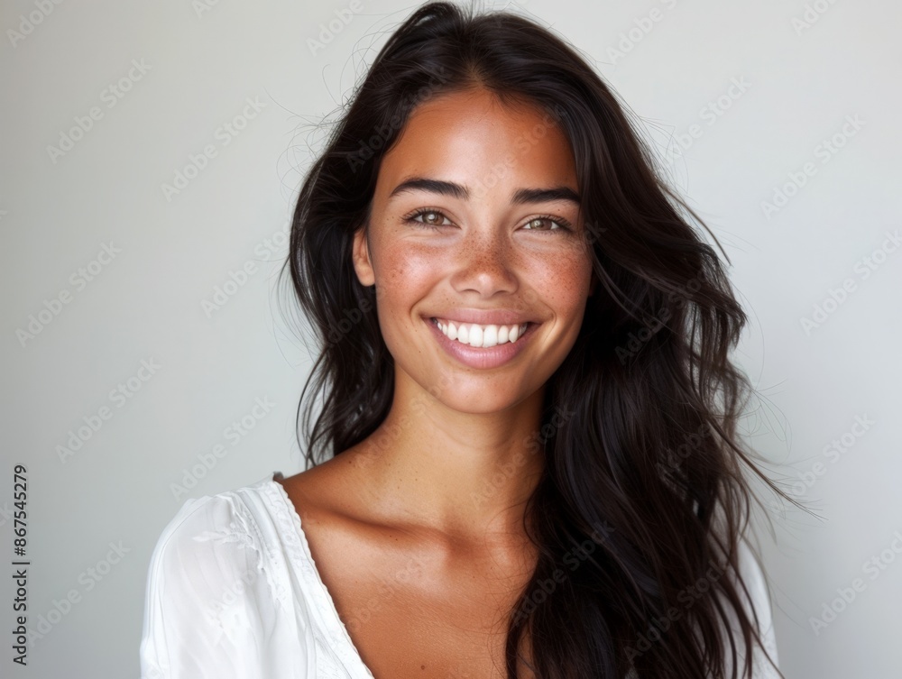 Smiling Woman with Long Dark Hair and White Blouse Smiling Woman with Long Dark Hair and White Blouse