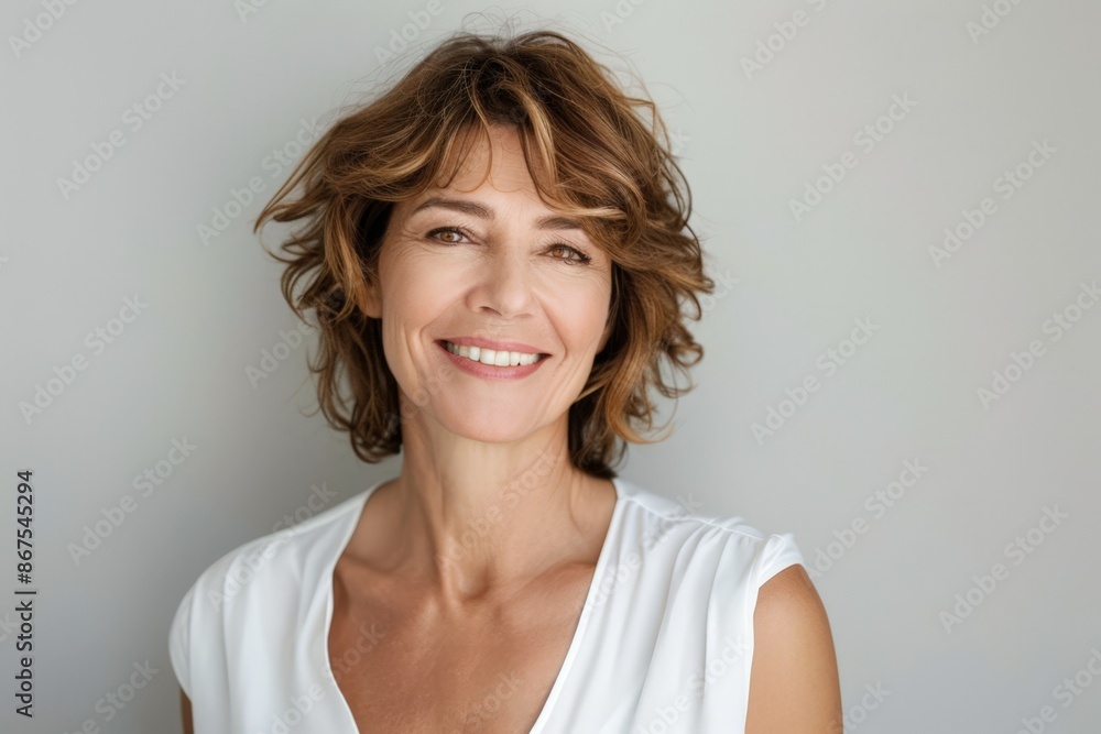 Smiling Woman with Short Hair, Casual White Blouse Smiling Woman with Short Hair, Casual White Blouse
