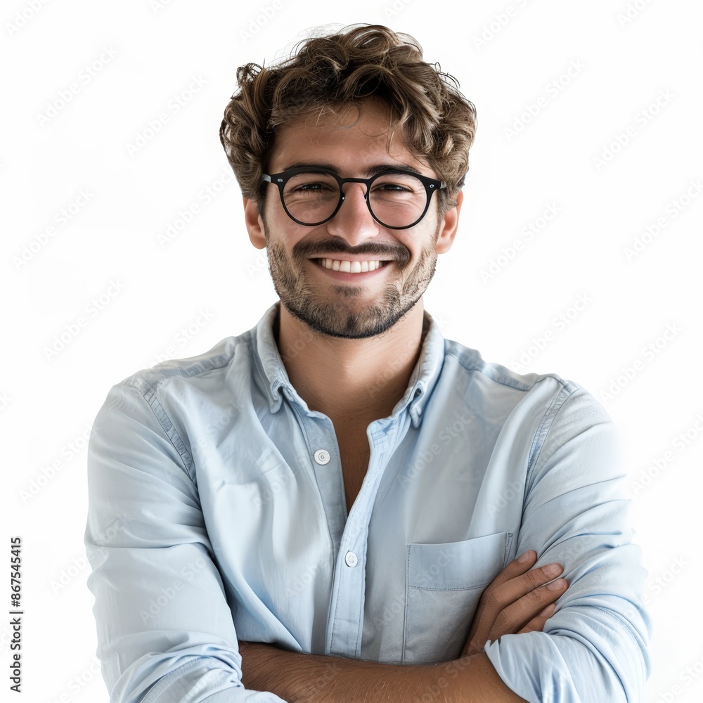 Smiling Man in Blue Button-up Shirt and Glasses Smiling Man in Blue Button-up Shirt and Glasses