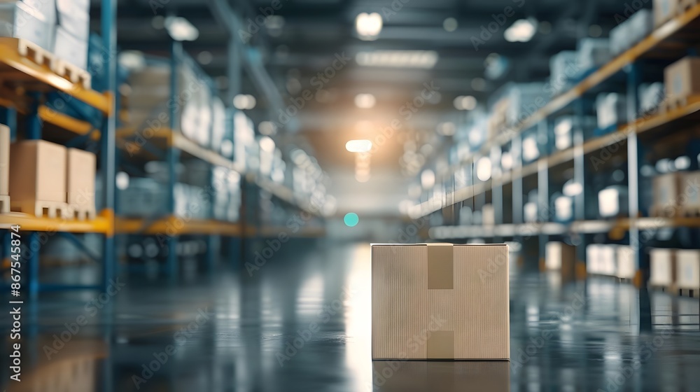 Warehouse interior with a cardboard box on the floor, surrounded by wooden shelves filled with products, reflecting vibrant ambient lighting. Warehouse interior with a cardboard box on the floor, surrounded by wooden shelves filled with products, reflecting vibrant ambient lighting.