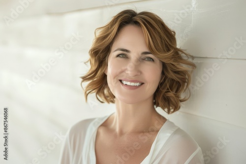 Smiling Woman with Short Hair, Leaning Against Wall