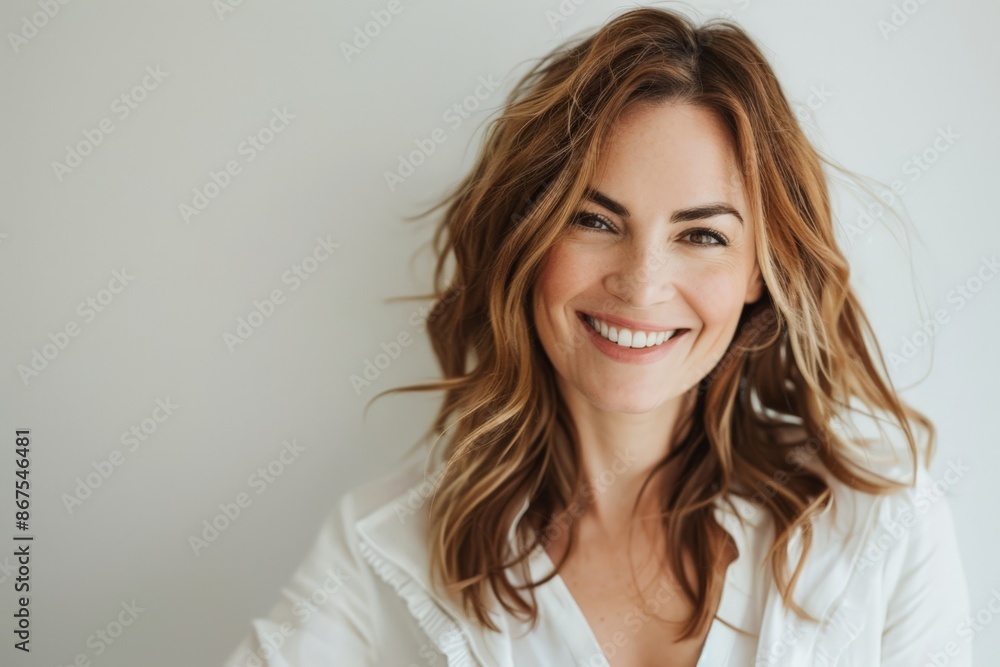 Smiling Woman with Long Brown Hair and White Blouse Smiling Woman with Long Brown Hair and White Blouse