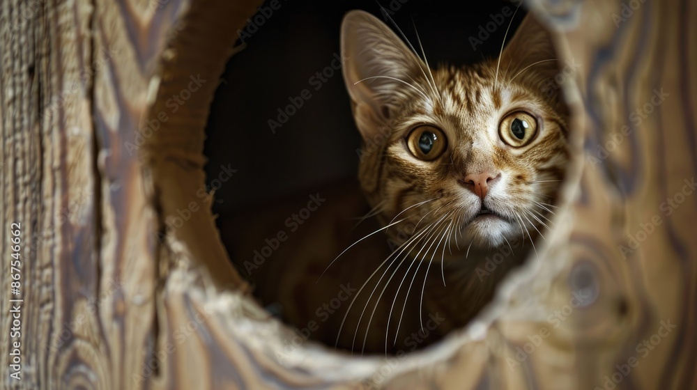 Fototapeta premium A cat peeking curiously through a hole concept of curiosity or observation with space for text