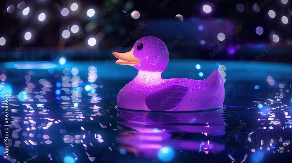 A glowing purple plastic duck floating in a pool at night, surrounded by a halo of shimmering lights. A glowing purple plastic duck floating in a pool at night, surrounded by a halo of shimmering lights.