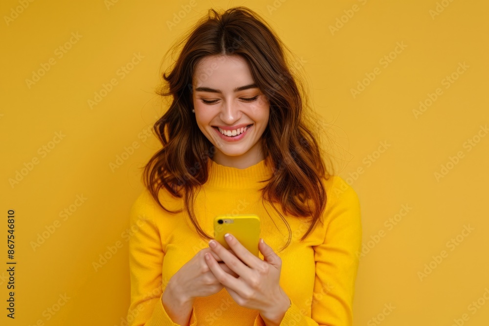 Smiling Woman in Yellow Sweater Holding Phone Smiling Woman in Yellow Sweater Holding Phone