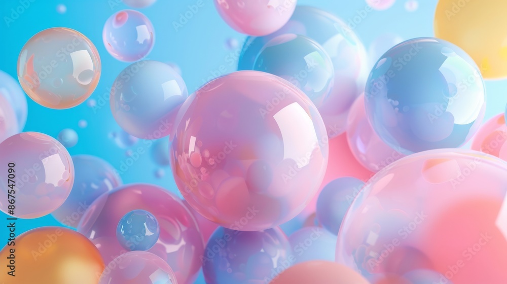 Artwork with pastel spheres in blue and pink tones over a peach backdrop, creating an abstract and dreamy composition Artwork with pastel spheres in blue and pink tones over a peach backdrop, creating an abstract and dreamy composition
