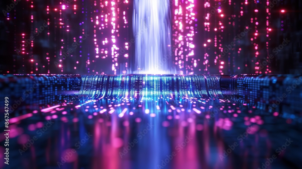 Obraz premium Abstract digital waterfall with cascading pixels, techno abstract background, concept of data flow