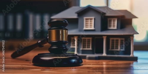Gavel on Wooden Table in Front of Model House