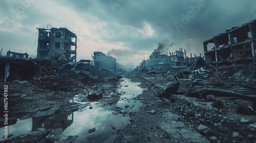 Post-apocalyptic abandoned city. Destroyed buildings, burning rubble, polluted water and air. Devastated remains of post-apocalyptic terrain photo